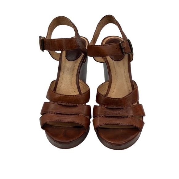 Frye Brown Leather Alexa Seam 2 Piece Wedge Platform Sandals Size 9.5 Women's - Picture 3 of 7